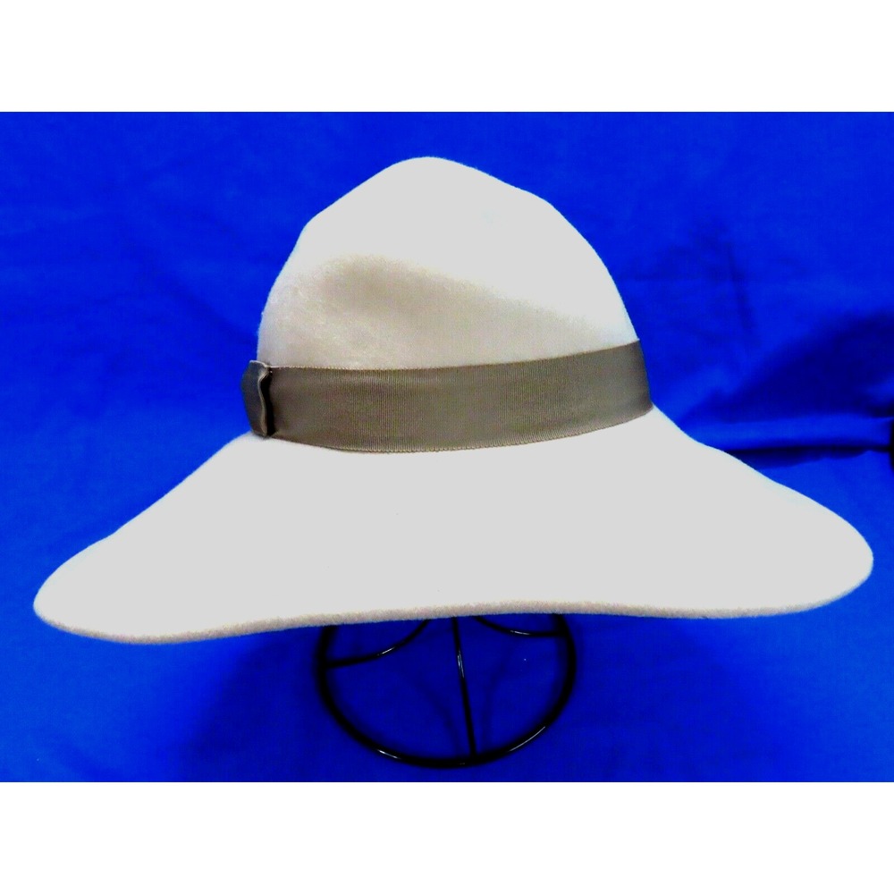 VTG Lee Black EXCELLO BOLLMAN Beige Wool Felt MUSHROOM WIDE BRIM HAT Brown Band